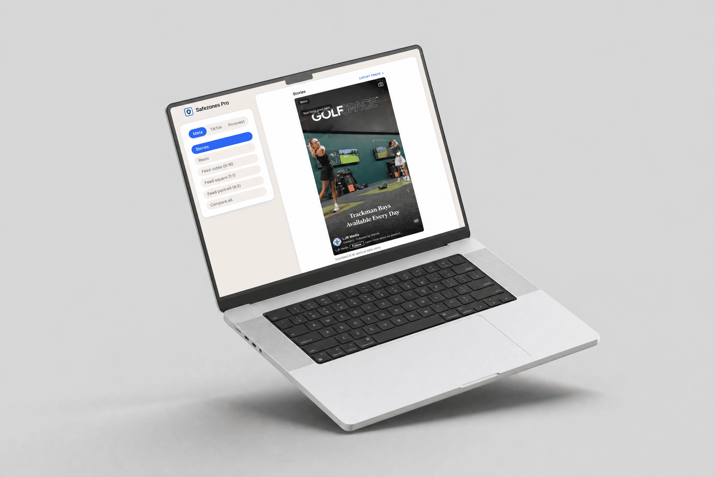 The Safe Zones Pro interface on a laptop: platform tabs, two creative slots, placement list and the checked Stories frame
